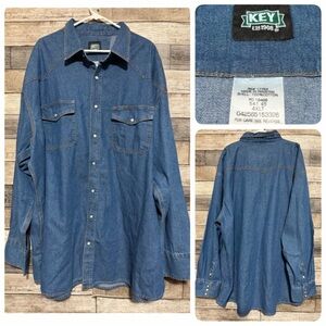 KEY Pearl Snap Denim Shirt Men’s 4XLT Blue Western Casual Workwear 100% Cotton